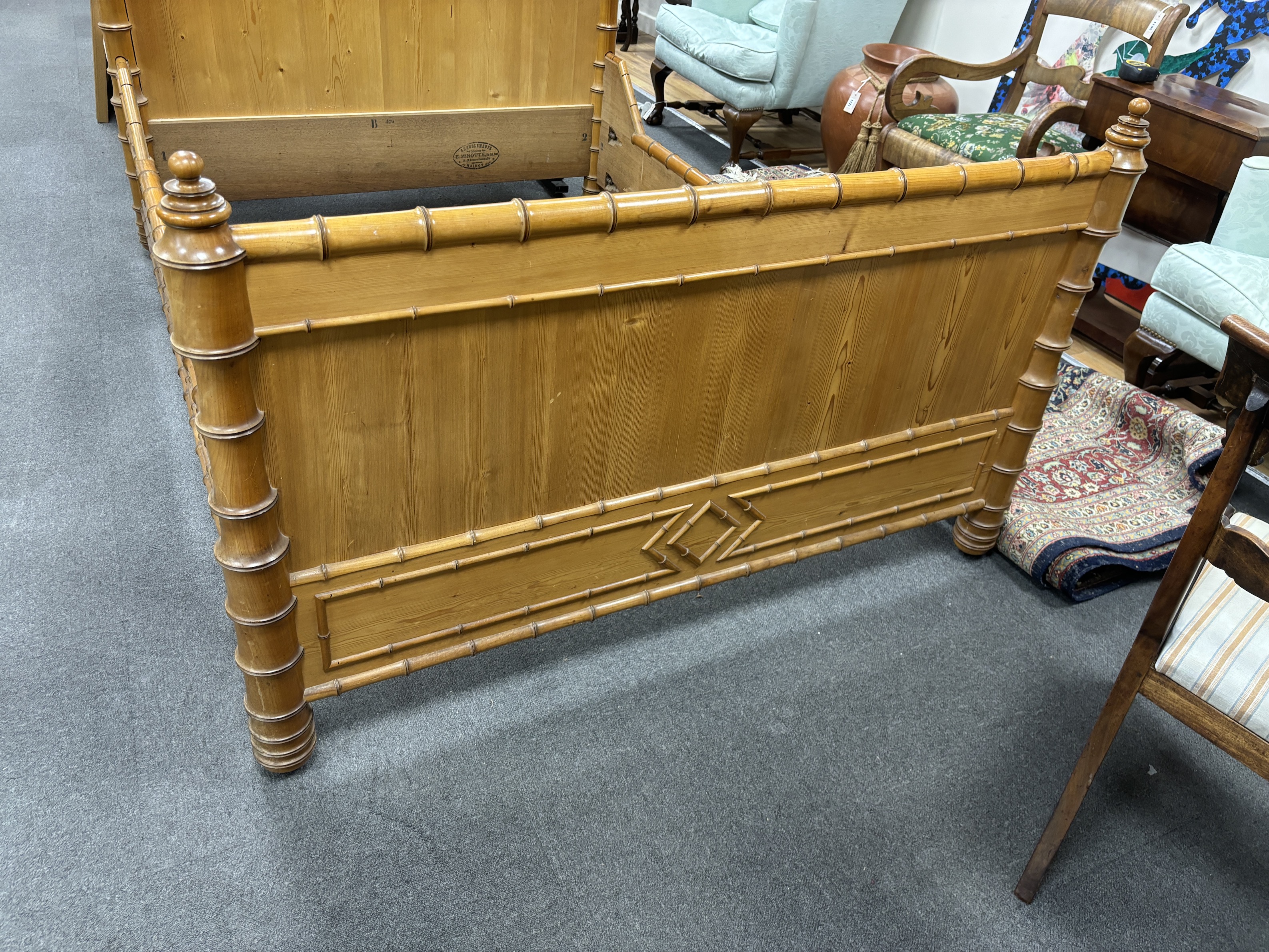 A late 19th century French faux bamboo pine and cherry double bedframe, width 140cm, length 195cm